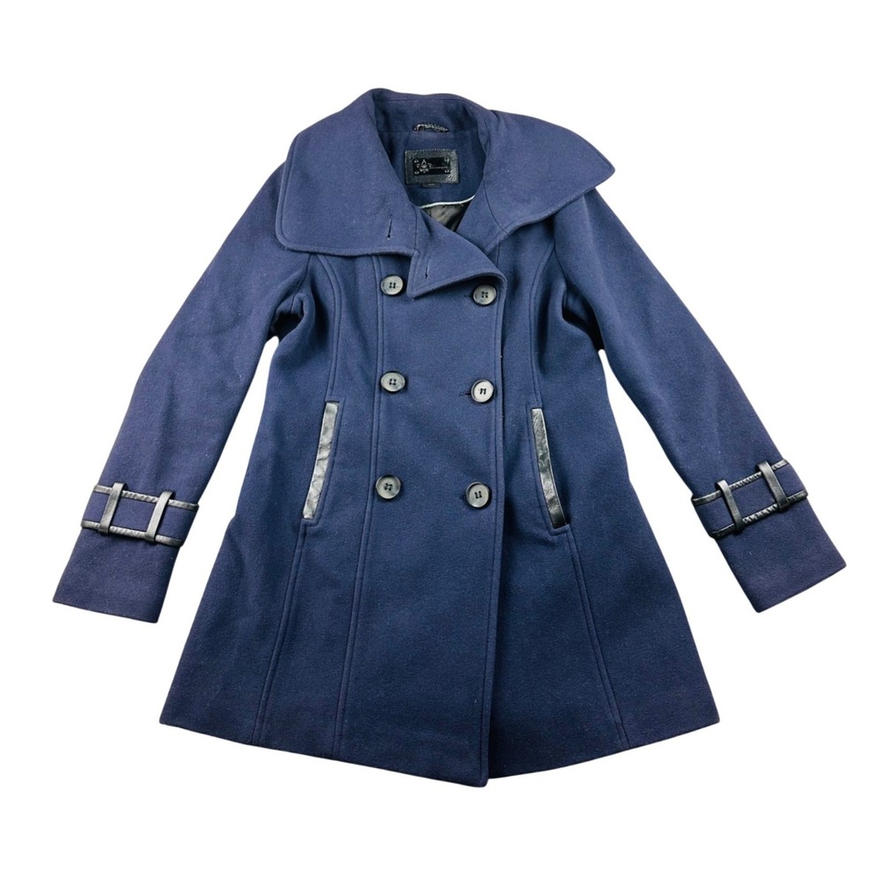 Mackage Peacoat Women L Blue Wool Cashmere‎ Leather Trim Canada Luxury Winter